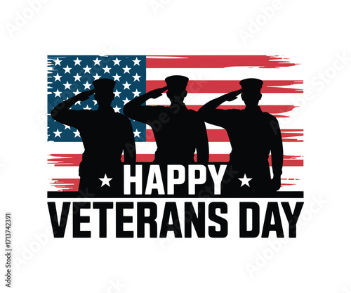 Three soldiers saluting in front of American flag veterans day