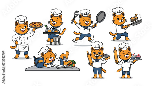 Chef Cat's Culinary Creations: This playful illustration showcases a charming chef cat in various culinary scenarios, from baking pastries to preparing gourmet meals, and holding cooking utensils.