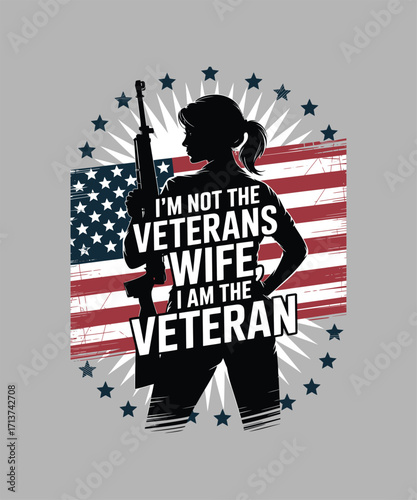 Woman silhouette holding rifle with American flag and stars