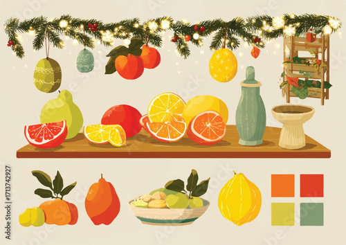 Festive winter still life featuring citrus fruits pears decorative garland and seasonal ornaments on a shelf