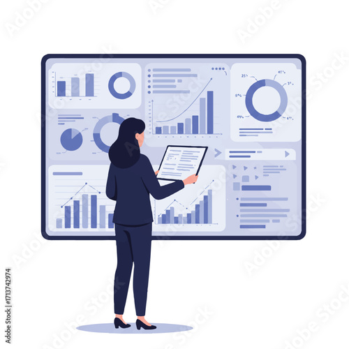 A professional businesswoman is focused on analyzing complex financial data displayed on a large interactive screen, presented as a clean 2D flat vector illustration on a crisp white background.