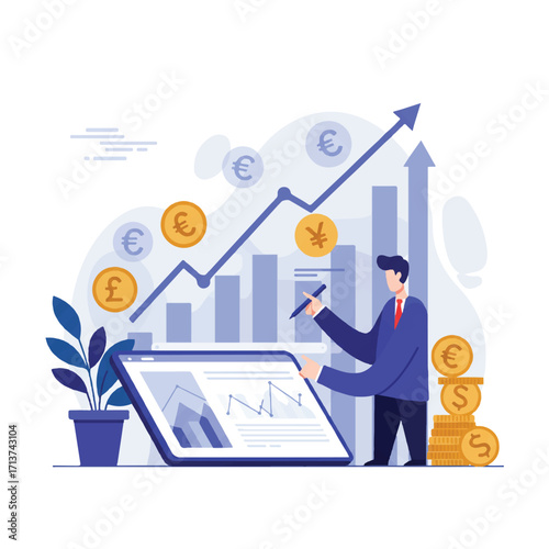 A business person actively analyzes a vibrant digital stock market graph on a tablet, featuring upward trending arrows and currency symbols in a clean 2D flat vector illustration style.