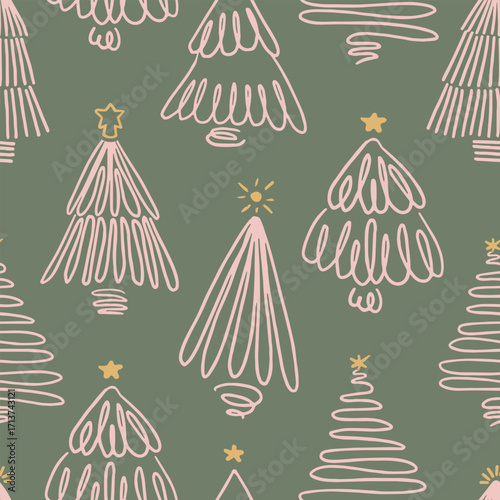 A whimsical seamless pattern featuring hand-drawn doodle-style Christmas trees in soft pink with golden star toppers on a muted green background. Each tree has a unique, playful design.