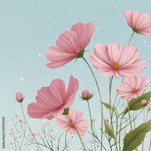 Delicate Pink Cosmos Flowers Against a Soft Blue Sky Floral Arrangement Artwork Impressionistic Style Garden Scene Elegant Botanical Illustration