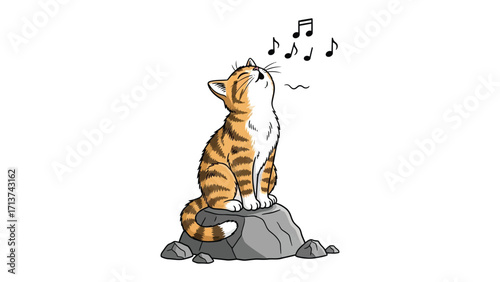 Melodious Cat's Serenade: Witness an animated ginger tabby, perched atop a gray rock, passionately belting out a song with musical notes dancing in the air, filled with playful energy.