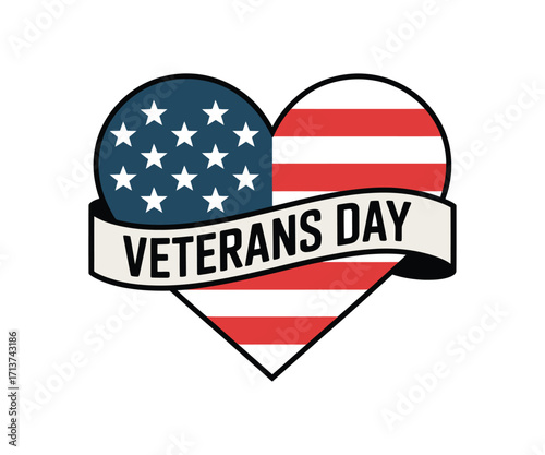 Heart shaped American flag with Veterans Day text love