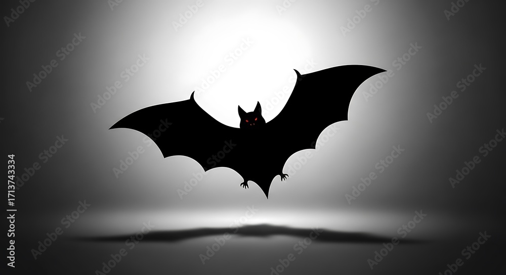 Fototapeta premium Dark Silhouette of Bat with Red Eyes Flying in Night Sky