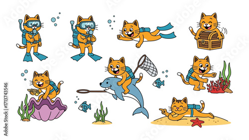 Cartoon Cats Underwater Adventures: A collection of whimsical, cartoon cats are diving in the sea, exploring the wonders of the underwater world