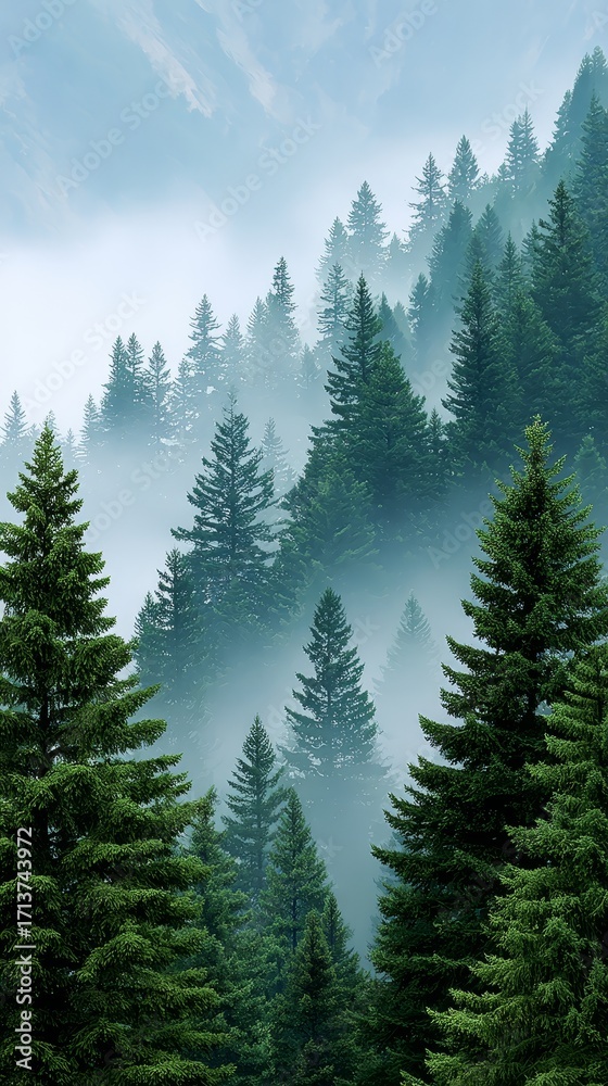 Fototapeta premium Lush green forest canopy, majestic trees in a dense woodland ecosystem towering.