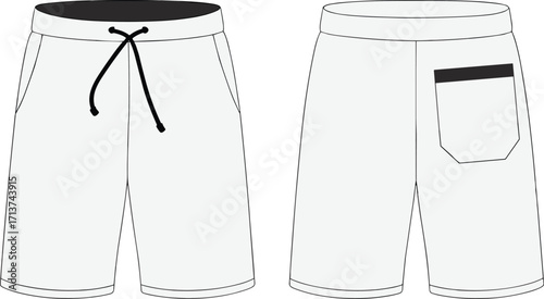Men's classic drawstring shorts technical drawing, front and back views, vector illustration for casual apparel design and flat sketch template.