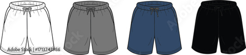 Set of four men's classic drawstring shorts in various colors, technical drawing vector illustration for casual apparel design and flat sketches.