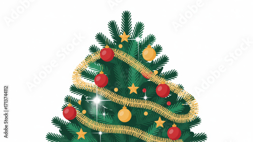 Decorated christmas tree with ornaments and gold tinsel for holiday season celebration vector illustration