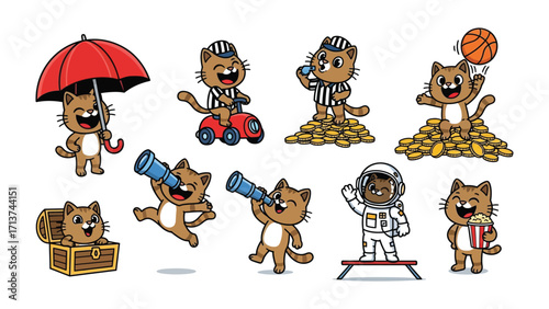 Whimsical Cat in Various Roles: An illustrative ensemble of a playful cat character in diverse scenarios, embodying adventure, sports, and fun on a colorful background.