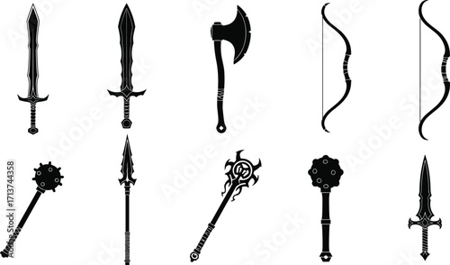 Black silhouette vector illustrations of medieval and fantasy weapons including swords, axes, bows, maces, and spears in various designs.