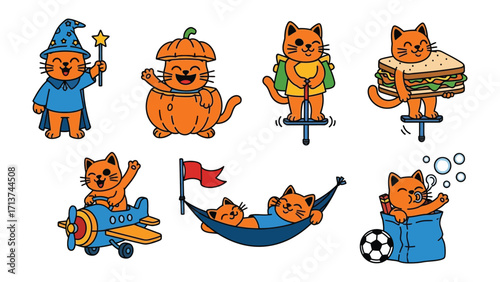 Playful Cat Collection: A charming set of cartoon cats in whimsical scenarios, including a wizard, a pumpkin, a pogo stick adventurer, sandwich lover, airplane pilot, hammock relaxer.