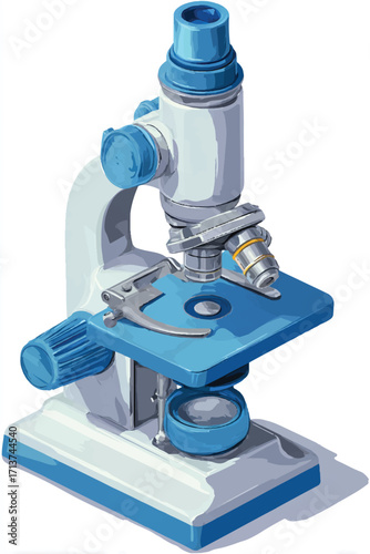 Detailed blue and white microscope illustration with scientific instrument for lab research medical study and exploration