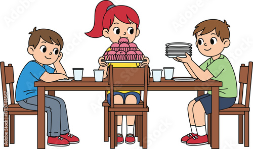 Happy kids enjoying cupcakes together at the dining table, sharing dessert, smiling friends, fun mealtime, childhood moments, indoor celebration, snack time joy.