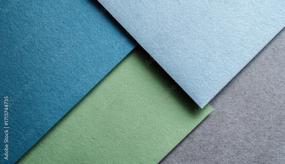 Fototapeta premium Abstract geometric shapes of overlapping textured papers in shades of blue, green, and gray