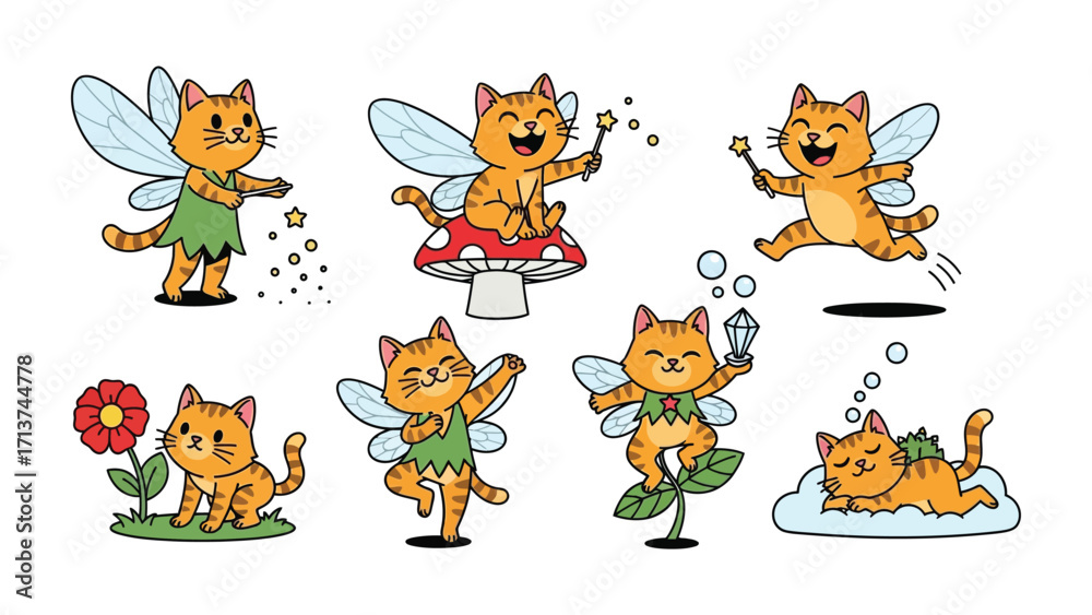 Obraz premium Whimsical Fairy Cats: A collection of adorable cartoon illustrations showcases playful and magical feline fairies, engaged in delightful adventures with fairy dust, flowers, and mushroom. 