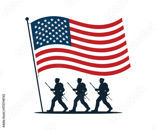 American flag waving above marching soldiers silhouette