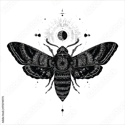 Detailed deathshead hawk moth illustration with lunar phase graphic and decorative elements isolated on white background