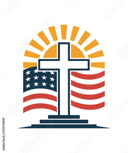 Christian cross with American flag and sunburst religion