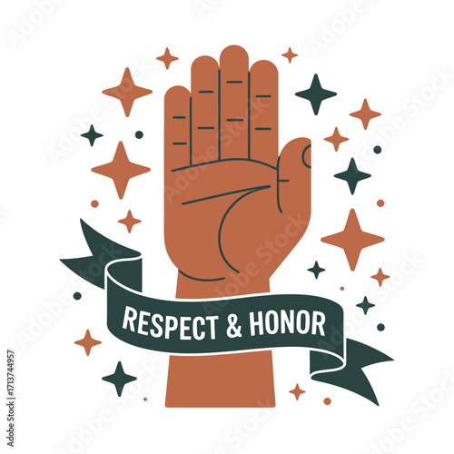 Raised hand with respect and honor text on banner salute