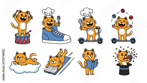 Whimsical Cat Collection: A delightful collection of playful cat illustrations engaged in various fun activities. capturing a sense of lightheartedness and joyful expressions.