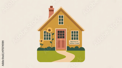 Cute cartoon house illustration with sunflowers and chimney for real estate and home decor designs use case