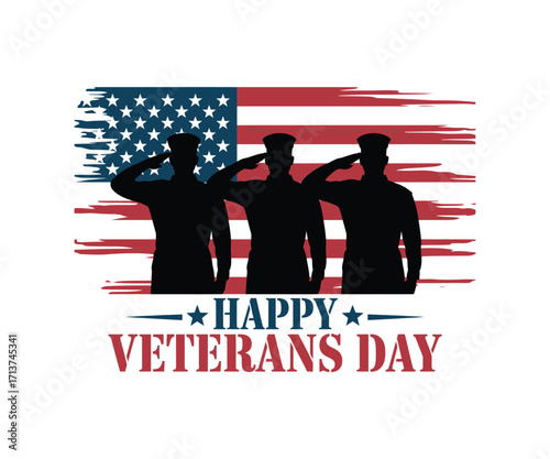 Three soldiers saluting American flag graphic veterans day