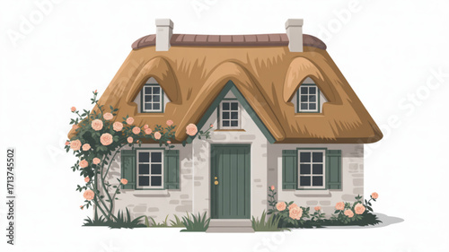 Charming thatched roof cottage house with rose garden illustration for real estate and home decor ideas