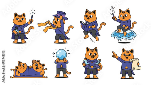 Mystical Cat: Adorable cartoon cat illustrations showcasing playful feline with a magical theme, in various enchanting poses and costumes, ready to cast spells or read ancient tomes.
