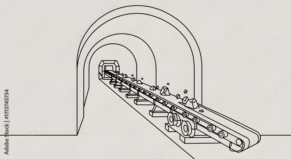 Obraz premium Simplified Illustration of a Mining Conveyor Belt Inside a Tunnel