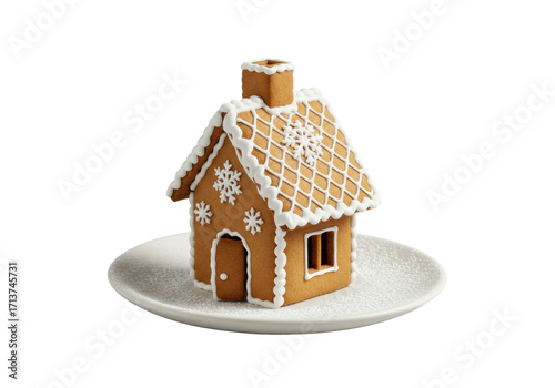Photorealistic miniature gingerbread house with snowflake royal icing, precise window frames, sturdy chimney, on white plate with powdered sugar, clean transparent background. Festive holiday charm