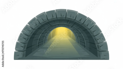 Stone tunnel vector illustration, dark arched passage with light at the end, cave entrance graphic design