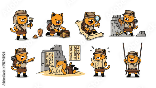 Adventurous Cat Explorer: A whimsical collection of an adventurous cat, ready for exploration with hat and backpack, searching for ancient treasure and excitement.