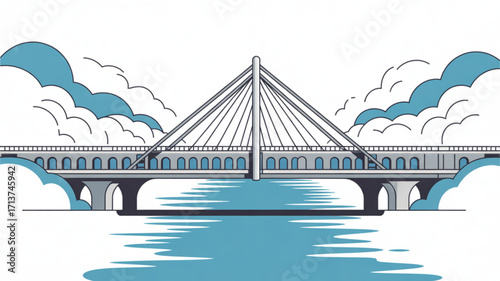 Illustration of a suspension bridge over water with clouds for architecture and travel destinations design 100