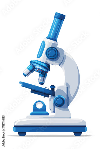 Detailed illustration of a modern blue and white microscope used for scientific research and analysis in a laboratory setting