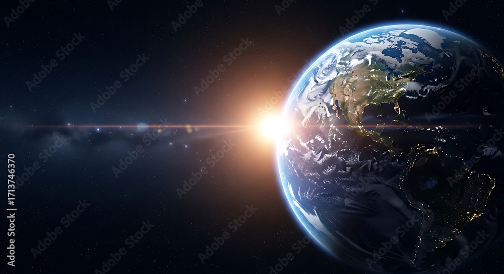 Fototapeta premium Earth From Space with Sunrise Bright Light and Starry Background
