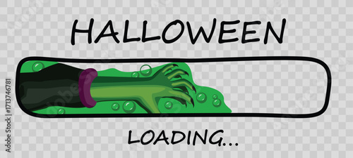 Funny Halloween loading bar illustration with slimy green monster hand and spooky bubbles. Playful festive clipart perfect for October greetings, trick or treat posters, party designs, and backgrounds