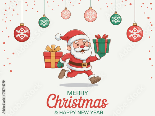 Joyful Santa Claus running with gifts, spreading holiday cheer for Christmas and New Year