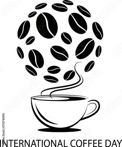 A steaming cup of coffee releases a cascade of coffee beans into a circular cloud, celebrating a love for coffee.