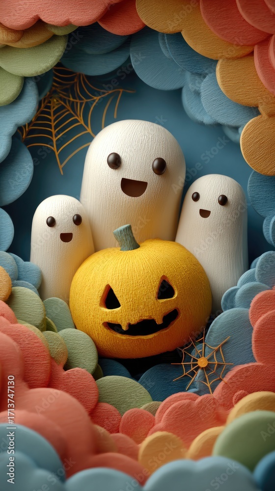 Fototapeta premium Halloween paper cut art featuring friendly ghosts and pumpkin whimsical scene colorful environment creative viewpoint