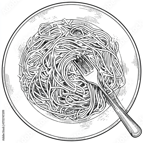 Detailed monochrome drawing of spaghetti in a bowl with a fork waiting for someone to eat