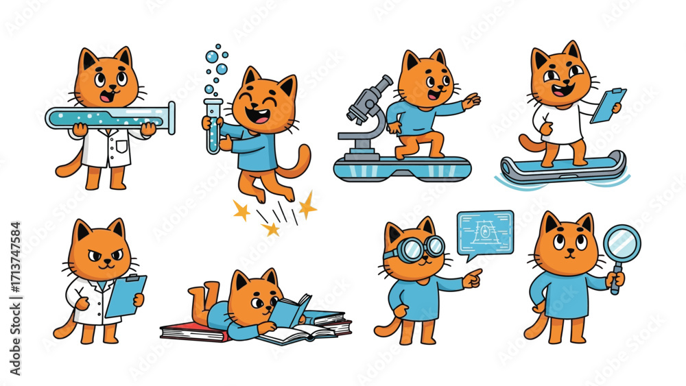 Fototapeta premium Playful Scientist Cat Characters: A collection of charming cat illustrations, each depicted as a scientist engaged in various scientific activities.
