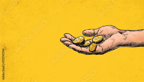 Hand holding gold coins symbolizing financial investment and wealth accumulation on a textured yellow background