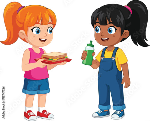 Happy kids sharing lunch, cute girls enjoying sandwich and drink, friendship and healthy eating, children having fun, cartoon illustration for educational content