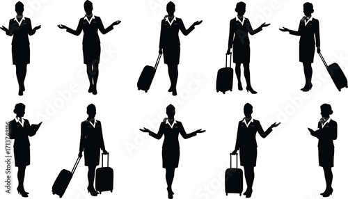 Silhouette of female flight attendant with suitcase, airline staff, stewardess in uniform, business travel woman, cabin crew, professional airport worker illustration