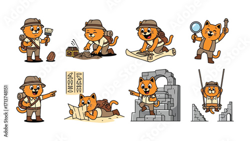 Adventure Cat: A playful illustrated adventure cat, depicted in a series of exciting scenes, exploring unknown territories with an explorer's hat and gear.