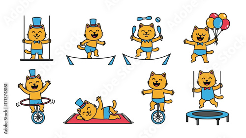 Circus Cat Performance: An illustration showcases a whimsical cartoon cat performing a variety of circus acts, including juggling, tightrope walking, unicycle riding, and acrobatics.